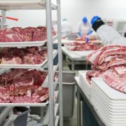 Trabalhadores manuseiam cortes de carne em uma unidade industrial de processamento de alimentos.