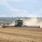 Colheitadeira trabalha em uma extensa plantação de soja no Brasil.