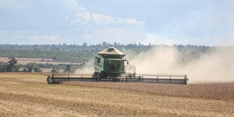 Colheitadeira trabalha em uma extensa plantação de soja no Brasil.